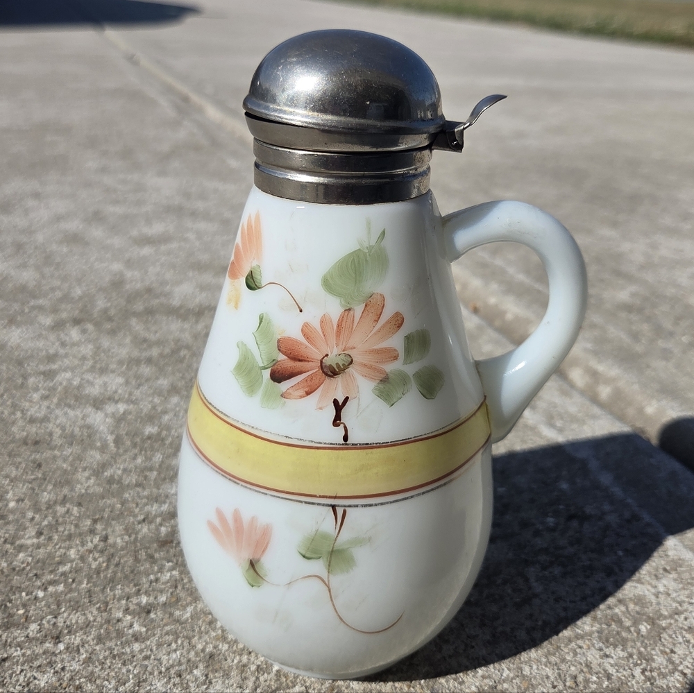 Hand-Painted Floral Milk Glass Syrup Pitcher with Metal Lid